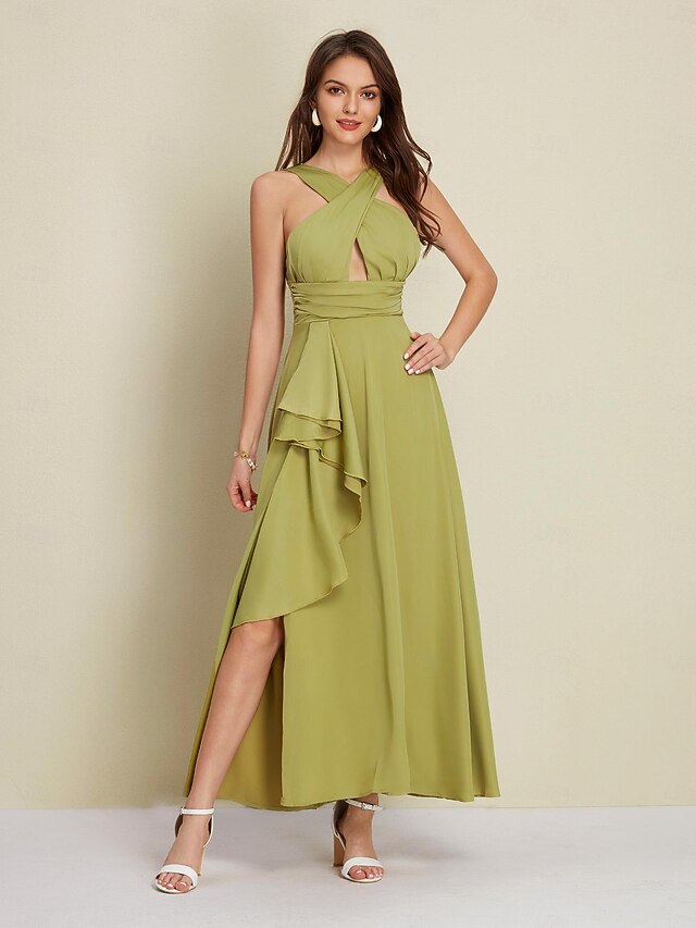 Women's Army Green Maxi Party/Wedding Guest /Cocktail Dress Satin Green Halter Neck Front Slit Cut-out Asymmetrical Ruffle dress to impress 2024 8