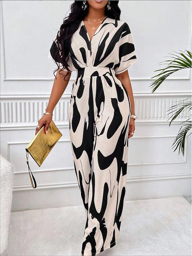 Women's Normal Jumpsuit Elegant Color Block Short Sleeve Butterfly Sleeve V Neck Print Work Daily Regular Fit White Orange Brown Summer 9
