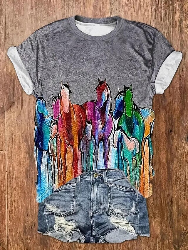 Women's T Shirt Casual Horse Print Short Sleeve Regular Tops Crew Neck Daily Gray Summer4