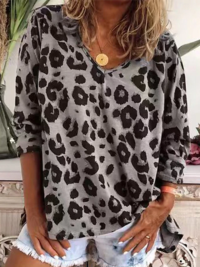 Women's T Shirt Leopard Fashion Long Sleeve V Neck Regular Tops Daily Weekend Print Pink Brown Khaki Gray Spring & Fall4
