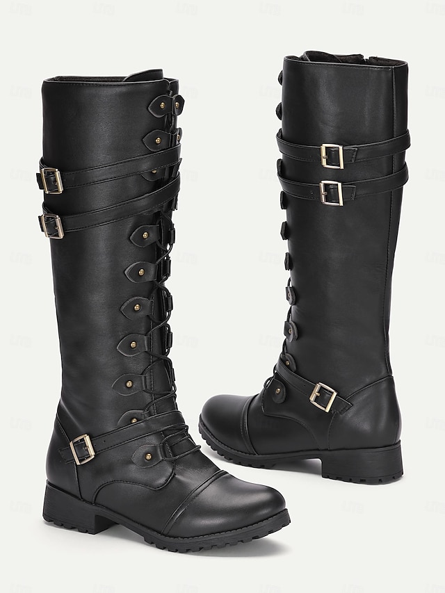  botas de combate góticas vintage femininas – botas de cano alto com fivela preta para cosplay e uso diário