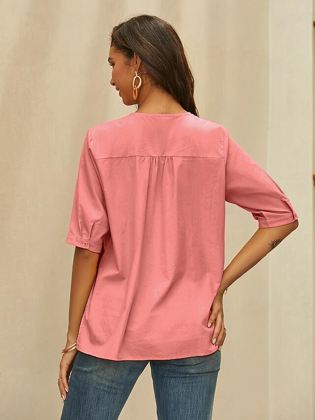 Sky Blue Fall Floral Half Placket Collared V Neck Blouse main image 0
