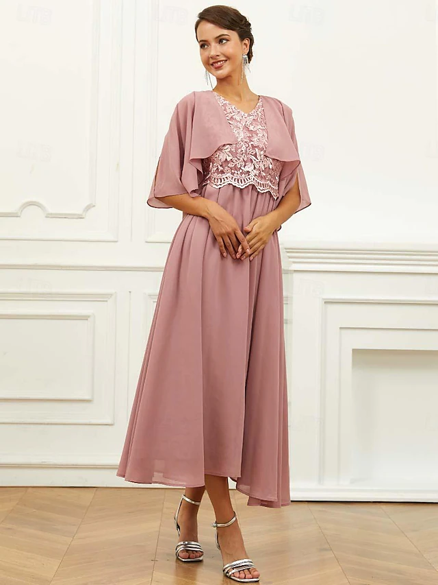 Women's Wedding Guest Cocktail Dress Chiffon Lace Ruffle V Neck Short Sleeve Midi Dress Party Elegant Formal Pink Summer 8