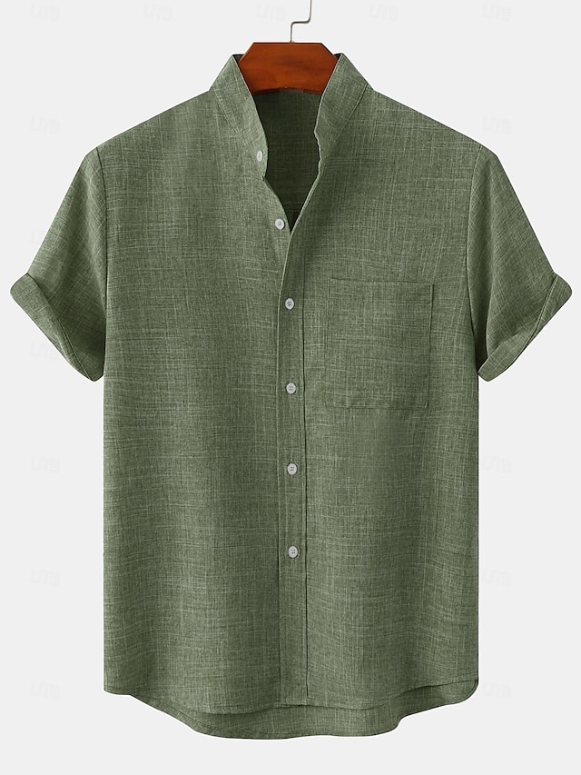  Men's Linen Shirt Band Collar Shirt Casual Shirt Plain Hawaiian Holiday Black White Yellow Pink Short Sleeve Henley Spring & Summer Clothing Apparel Front Pocket