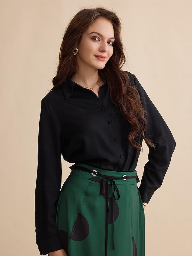  tencel camisa sólida gola manga longa