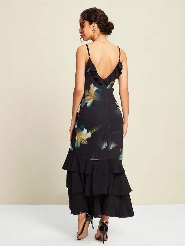 Chiffon Wedding Guest Floral Ruffle Split Ends Sleeveless Maxi Dress ...