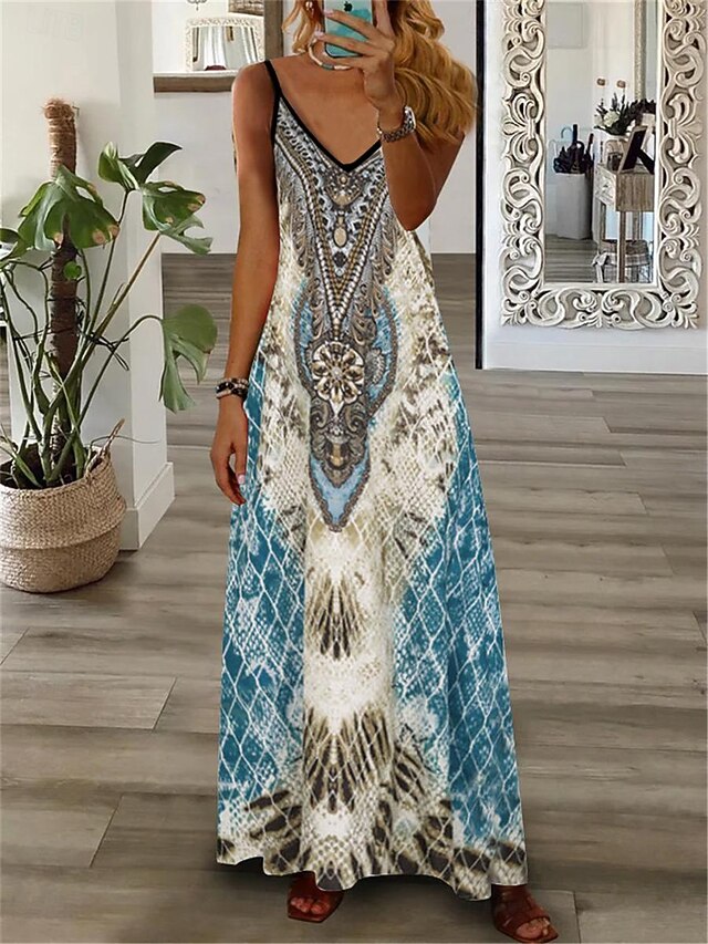 Women's Maxi long Dress Casual Dress A Line Dress Slip Dress Print Dress Vintage Retro Casual Outdoor Daily Date Regular Fit Geometric Tribal Sleeveless V Neck Royal Blue Blue Summer Spring3