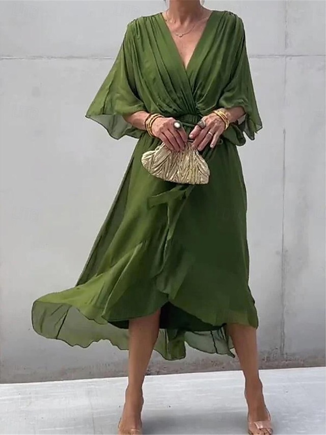  Women's Chiffon Dress Maxi Dress Chiffon Lace up Ruffle Party Wedding Guest Date Elegant Streetwear V Neck 3/4 Length Sleeve White Blue Green Color