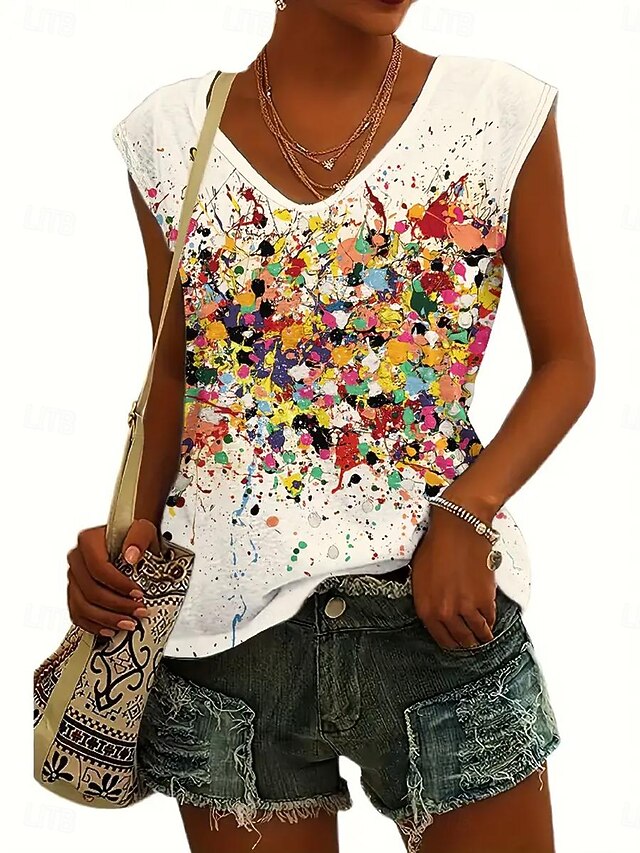 Women's Camisole Tank Top Stylish Casual Ombre Print Sleeveless Regular Tops V Neck Daily off-white Summer4