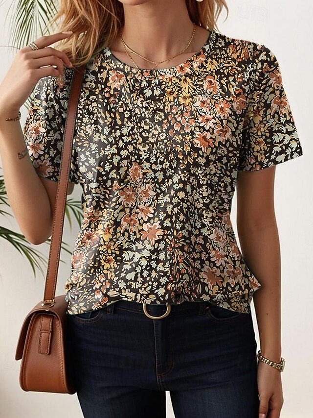 Women's T Shirt Floral Stylish Casual Short Sleeve Crew Neck Regular Tops Daily Print Khaki Summer4