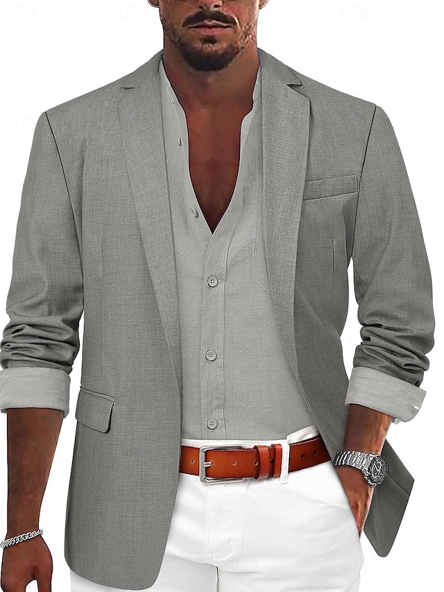  Voor heren Sportjas Linnen blazer Modieus Casual Effen Linnen blazer Leger groen Zwart blauw Getailleerd Single Breasted een knoops