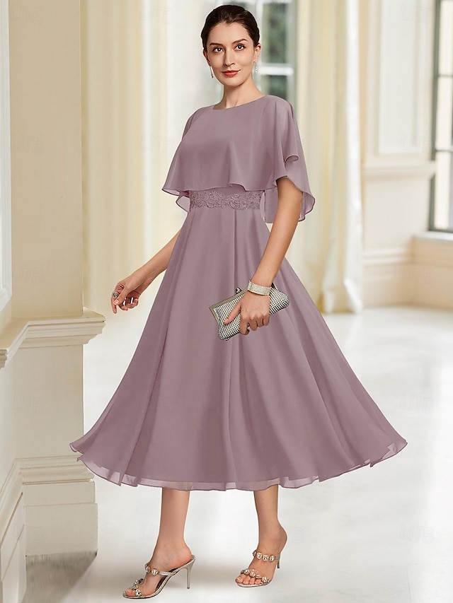  Strand Bruiloft A-Lijn Moeder van de Bruid Jurk Elegante Sierlijke Hals Thee Lengte Chiffon Halve Mouw met Kant maat op maat