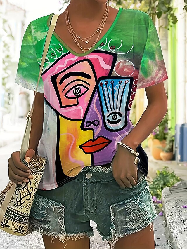 Women's T Shirt Fashion Casual Abstract Print Short Sleeve Regular Tops V Neck Daily Rainbow Summer4