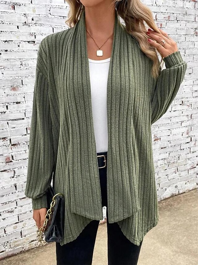 Women's Cardigan Coat Daily Solid Color Ribbed Open Front Knitted Long Sleeve Regular Tops Knit Daily Blue Purple Spring Fall 8