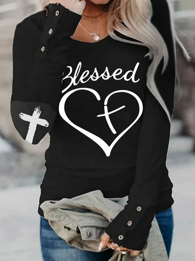 Women's Valentine Funny T Shirt Fashion Heart Letter Regular Tops Long Sleeve Round Neck Print Regular Fit Valentine's Day Weekend Black White Pink Wine Spring & Fall 5