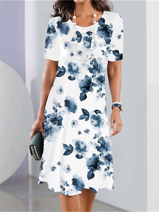 Women's Elegant Party Evening Midi Dress Crew Neck Short Sleeve Casual Dress Shift Dress Summer Dress Stylish Formal Work Casual Regular Fit Floral Black And White Red Blue Purple 7