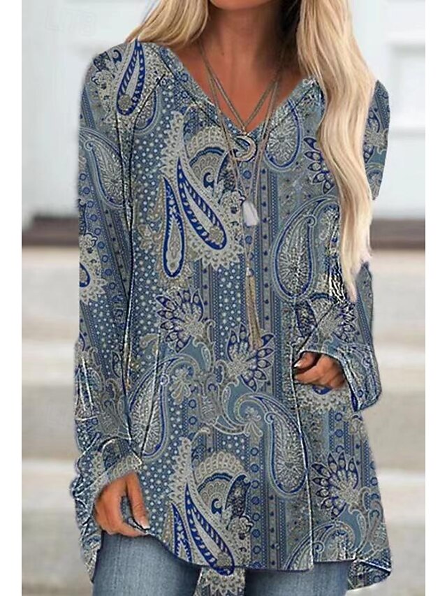 Women's Normal Tunic Graphic Geometric Tribal Vintage Western Ethnic Long Sleeve V Neck Long Tops Vacation Party Daily Patchwork Print Dusty Blue All Seasons2