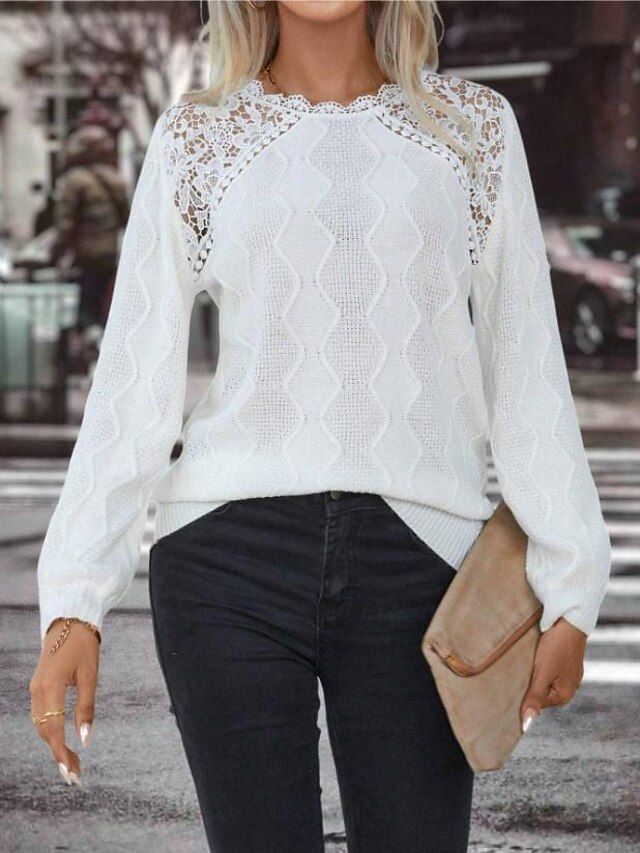  Women's Sweater Elegant Solid Color Waffle Crew Neck Lace Long Sleeve Regular Tops Knit Daily White Spring Fall