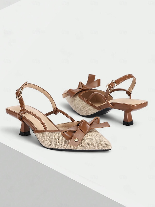  Tacones con punta en punta para mujer: zapatos de tacón de gatito de cuero marrón y lona beige con detalle de lazo, perfectos para la oficina, fiestas y ropa informal.