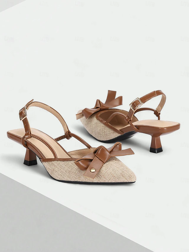Women's Slingback Pointed Toe Heels – Brown Leather and Beige Canvas Kitten Heel Shoes with Bow Detail, Perfect for Office, Parties, and Casual Wear 9