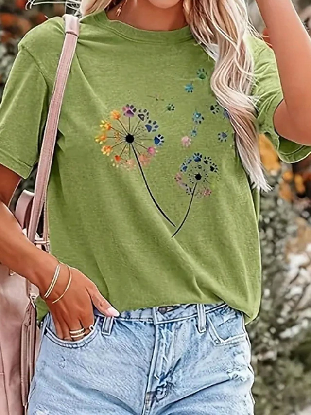 Women's T Shirt Floral Dandelion Fashion Casual Short Sleeve Round Neck Regular Tops Daily Print Green Summer4