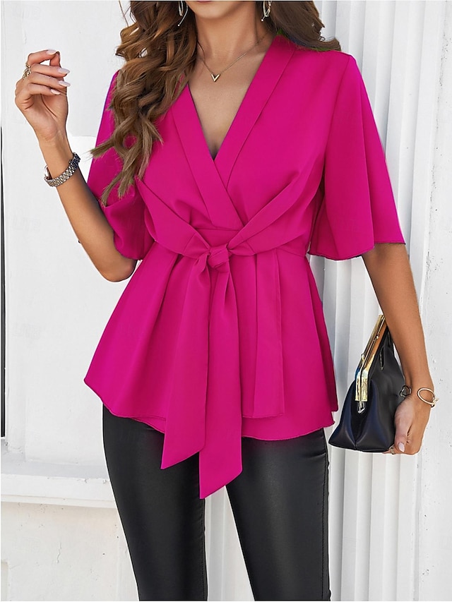  Women's Shirt Dressy Tops Solid Color Tie Front Ruched Work Daily Elegant Stylish Half Sleeve V Neck Black Summer Spring