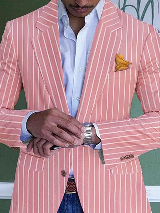  Herr Studenten Kavaj Formell kväll Bröllopsfest Födelsedagsfest Mode Ledigt Vår & Höst 95 polyester 5 spandex Rand Ficka Ledigt / vardag Enkelknäppt Blazer Rodnande Rosa Blå Orange Grön