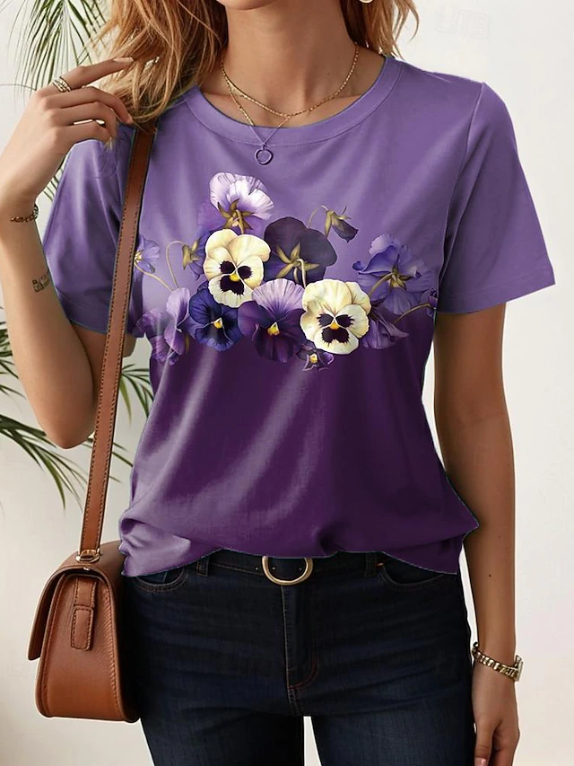Women's T Shirt Stylish Casual Print Short Sleeve Regular Tops Crew Neck Daily White Pink Purple Light Blue Summer 9