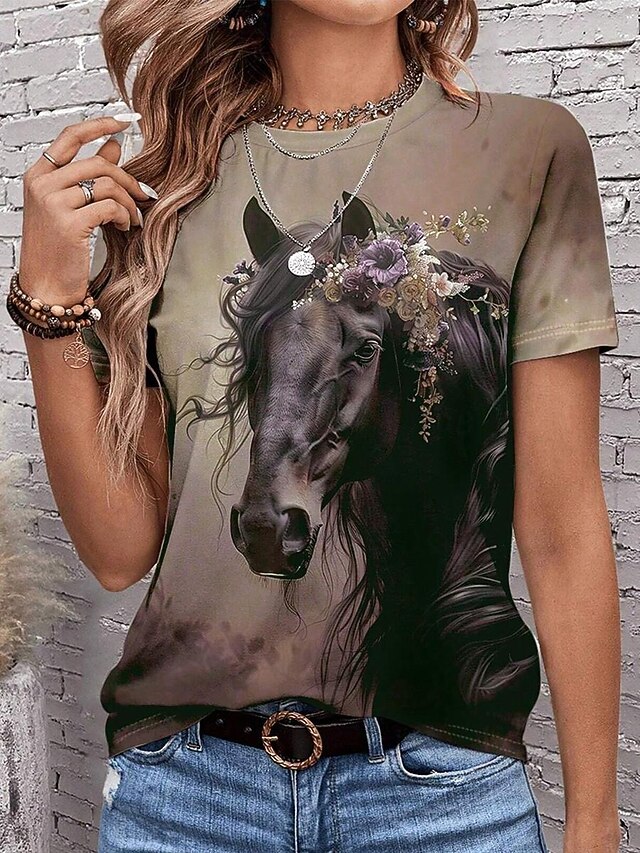Women's T Shirt Casual Ombre Horse Print Short Sleeve Regular Tops Crew Neck Daily Light Brown Summer4