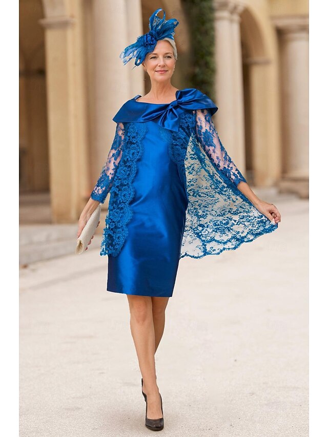 Abito a tubino a due pezzi per madre della sposa Abito elegante con collo gioiello in raso pizzo senza maniche lunghezza ginocchio con giacca e fiocco in pizzo 2025 taglia personalizzata gratuita