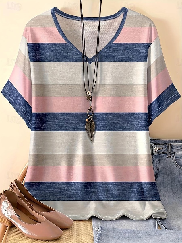  dames t-shirt basic casual color block gestreepte print korte mouw regular tops v-hals dagelijks weekend roze zomer