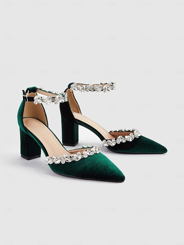 Women's Green Velvet Block Heel Pumps with Rhinestone Ankle Straps for Weddings and Formal Events 7