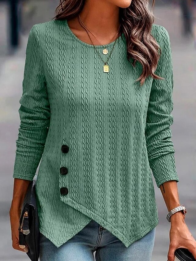 Women's Tunic Blouse Elegant Stylish Solid Color Buttons Asymmetric Hem Long Sleeve Regular Tops Crew Neck Daily Sage Green Spring Fall Winter4