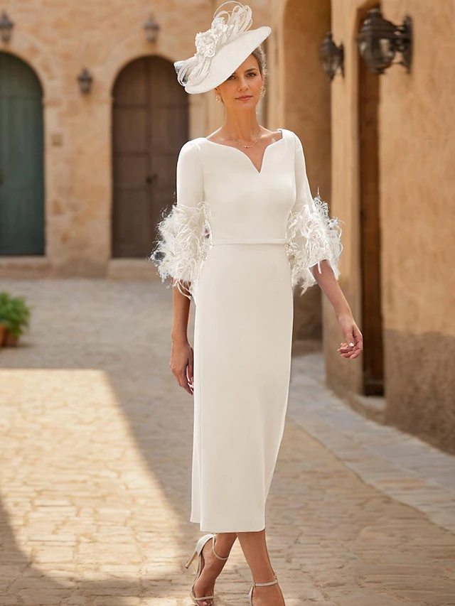 Sheath Mother of the Bride Dress Wedding Guest Elegant V Neck Ankle Length Stretch Fabric Half Sleeve with Feather Race Day Dress 12