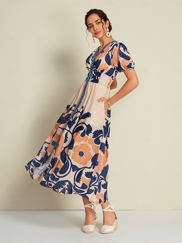 Floral High Waist Short Sleeve V Neck Maxi Dress 2025 - $65.99
