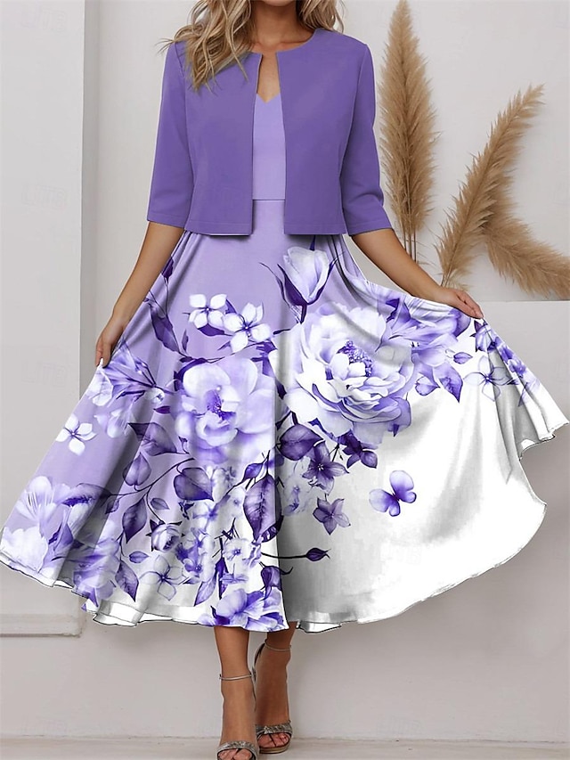  Abito midi da donna set di abiti a due pezzi set di abiti abito casual abito in chiffon abito a ruota elegante stampa floreale maniche  -  - -  lunghe scollo a V San Valentino appuntamento viola