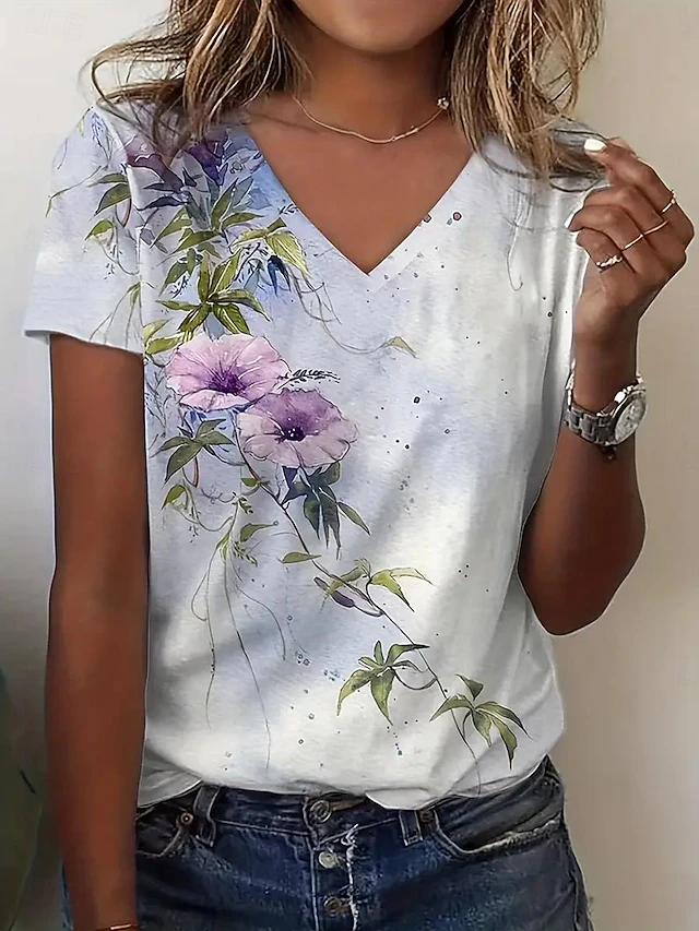 Women's T Shirt Casual Floral Print Short Sleeve Regular Tops V Neck Daily White Summer4