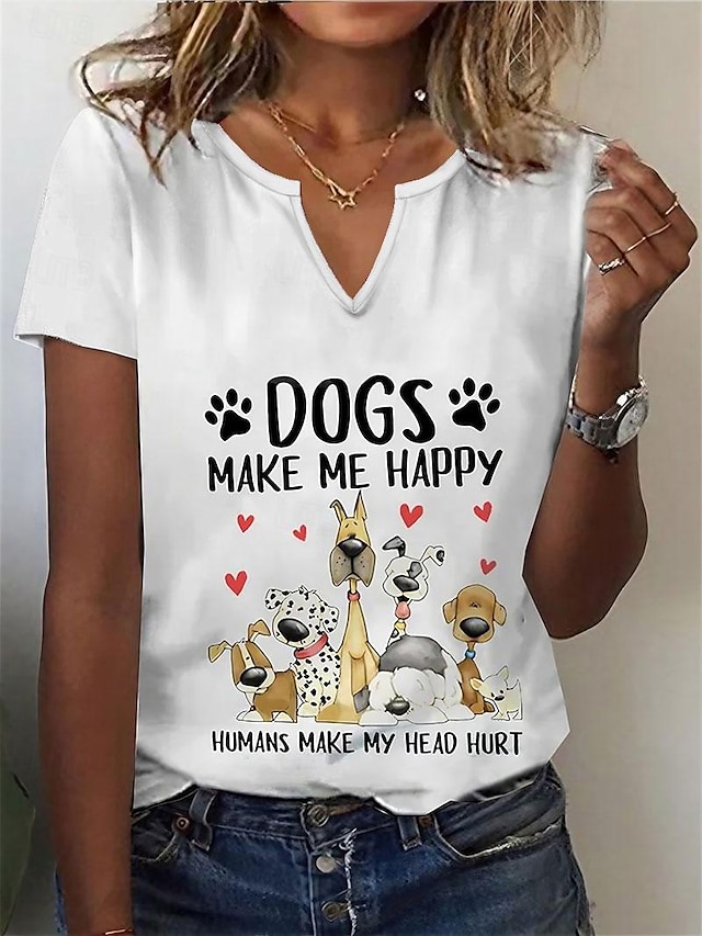  Dame T skjorte Henly-skjorte Hund Bokstaver Trykt mønster Daglig Helg Grunnleggende Kortermet V-hals Svart