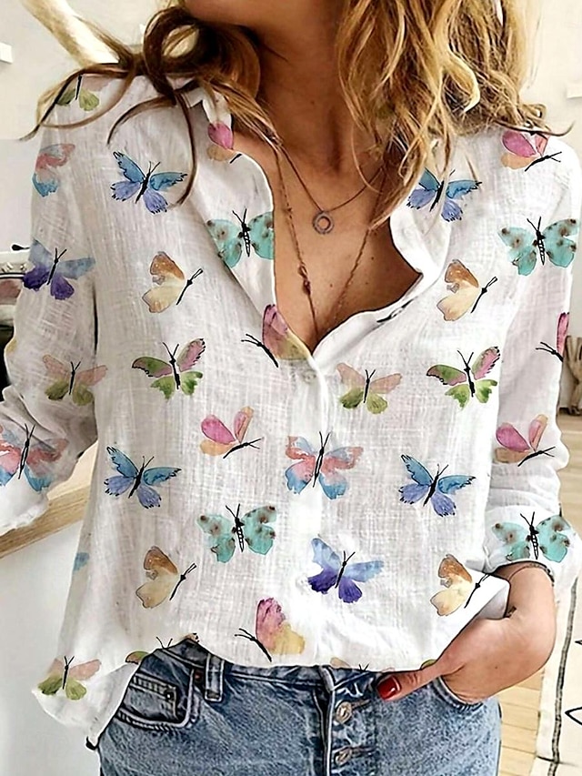  Chemise Femme Élégante Stylée Imprimé Papillon À Manches Longues Col Quotidien Blanc Jaune Printemps Automne