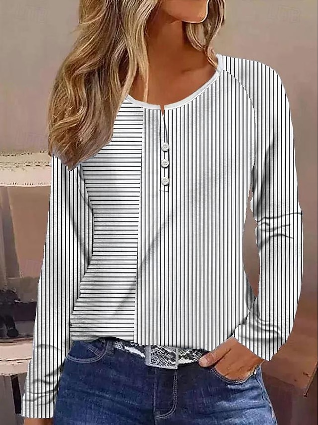  Women's Shirt Striped Button Daily Holiday Daily Casual Long Sleeve V Neck Pink Spring Fall
