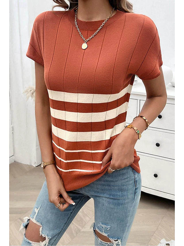 Women's Tunic Color Block Stylish Casual Short Sleeve Crew Neck Daily Print Maroon Black Khaki Summer Spring Fall 8