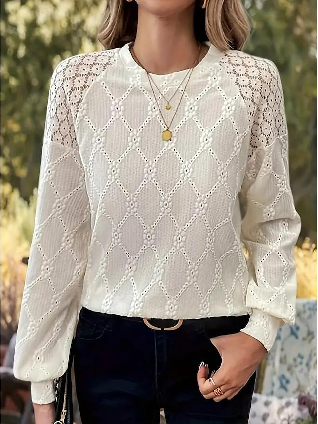  Damen Bluse Elegant Spitze Öse Langarm Rundhals Alltag Beige Sommer