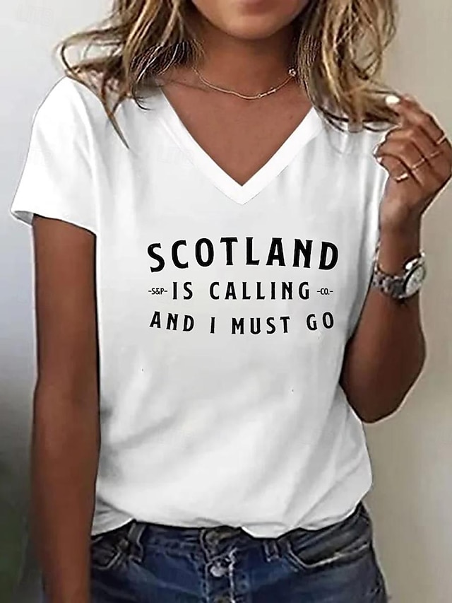  Naisten T-paita Kirjain Tyylikäs Vapaa-aika Lyhythihainen V kaula-aukko Tavalliset topit Päivittäin Painettu Valkoinen Kesä SCOTLAND IS CALLING AND IMUST GO