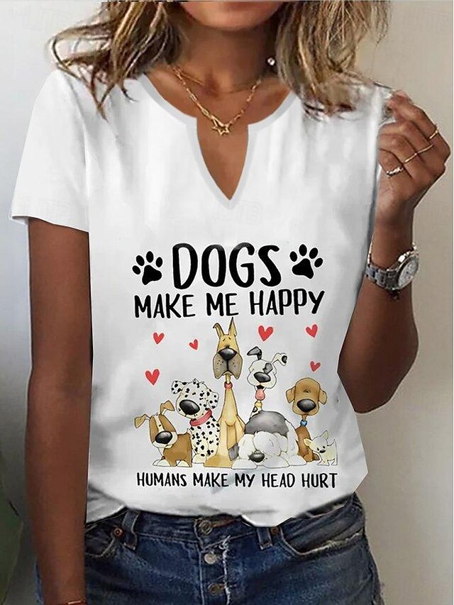 Women's T Shirt Henley Shirt Basic Dog Letter Print Short Sleeve Regular Tops Round Neck Daily Weekend Black White Red 5