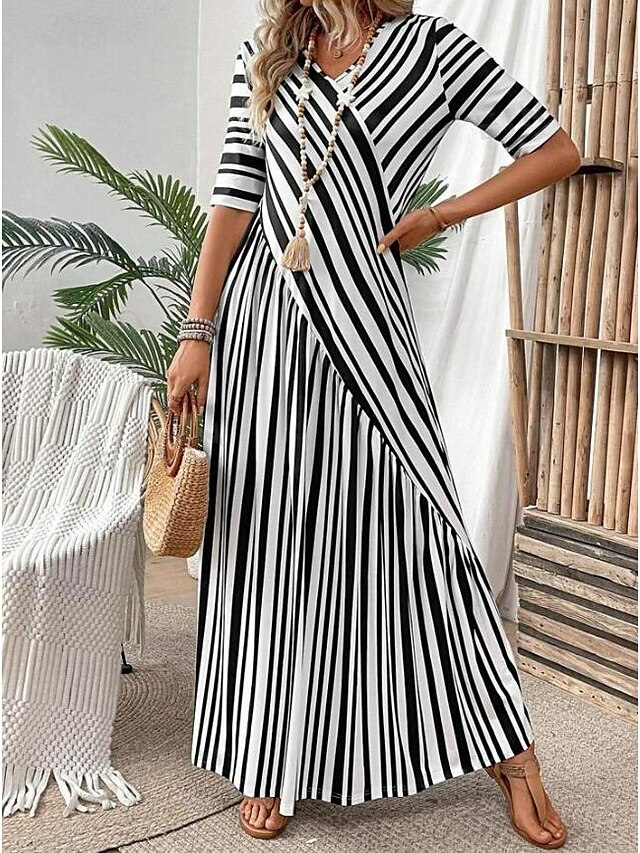 Women's Polyester Stripe Print V Neck Maxi Dress Casual Daily Vacation ...