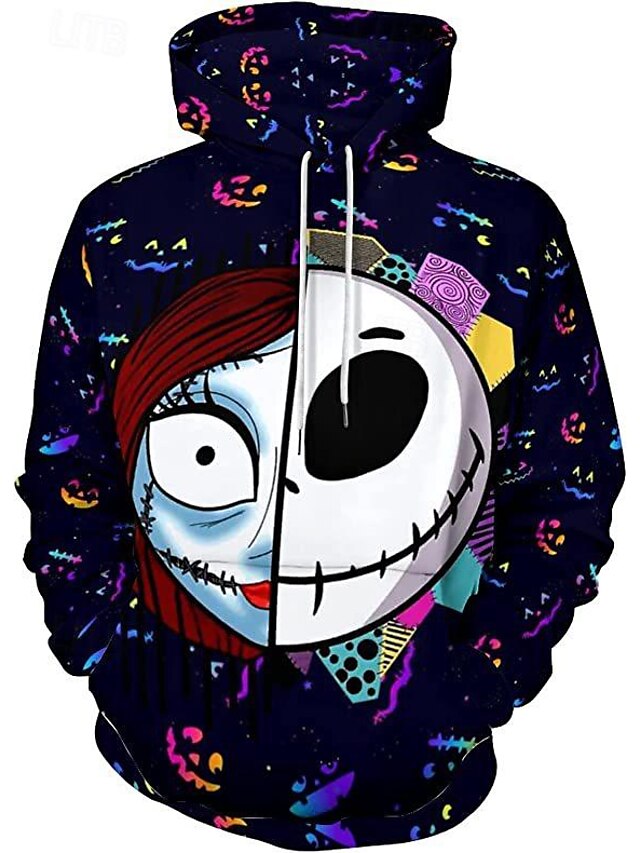  Jack Skellington Hattetrøje Tegneserie Manga Animé 3D Lomme foran Graphic Kengurulomme Til Par Herre Dame Voksne Halloween Karneval Maskerade 3D-utskrift Fritid / hverdag