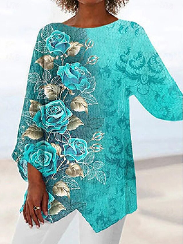  Dámské Tričko Květinový Batikované Módní Dlouhý rukáv Kulatý Běžné topy Dovolená Víkend Tisk Žlutá Námořnická modř Vodní modrá Jaro & podzim