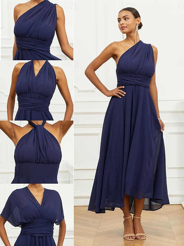  Robe Trapèze Femme Robe mi-longue Ruché Ceinturé robe demoiselle d honneur Soirée Cocktail Elégant Grande occasion Une Epaule Sans Manches Ample bleu marine S M L XL 2XL