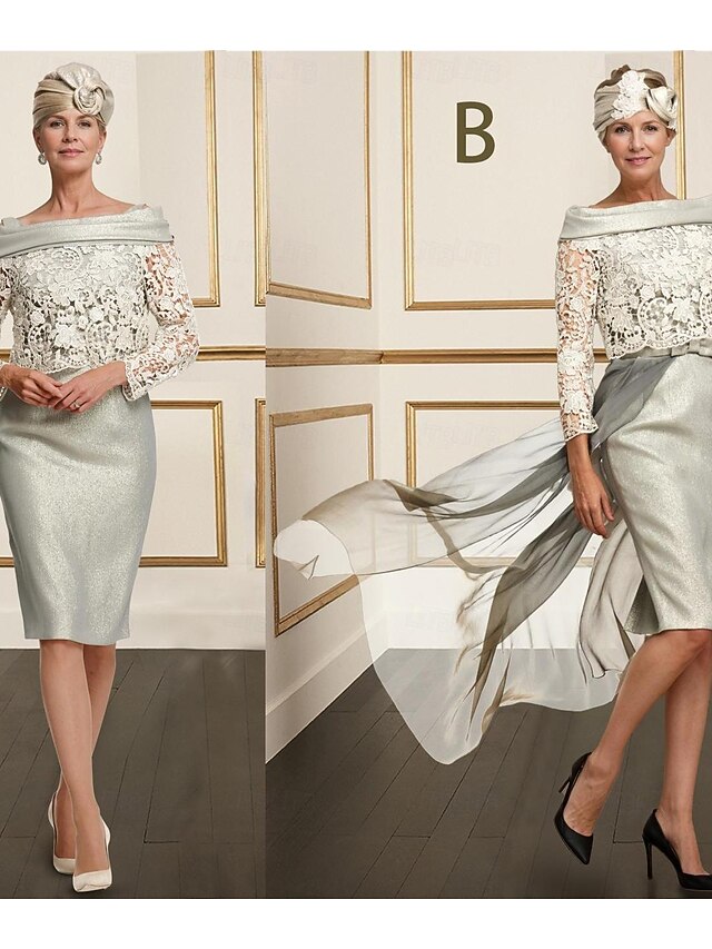 2 Pieces Sheath / Column Neck Knee Length Satin Lace Sleeveless Mother of the Bride Dress with Appliques