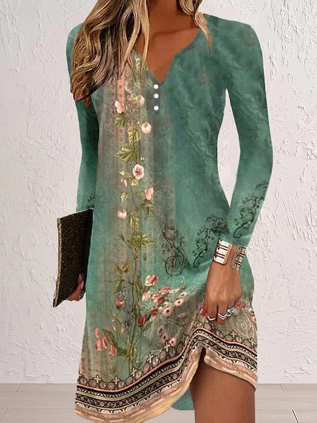 Women's Mini Dress Petite Dress Casual Dress Boho Dress Spring Dress Stylish Casual Vacation Daily Date Regular Fit Floral Long Sleeve Split Neck Blue Dark Green Orange Green Fall 6
